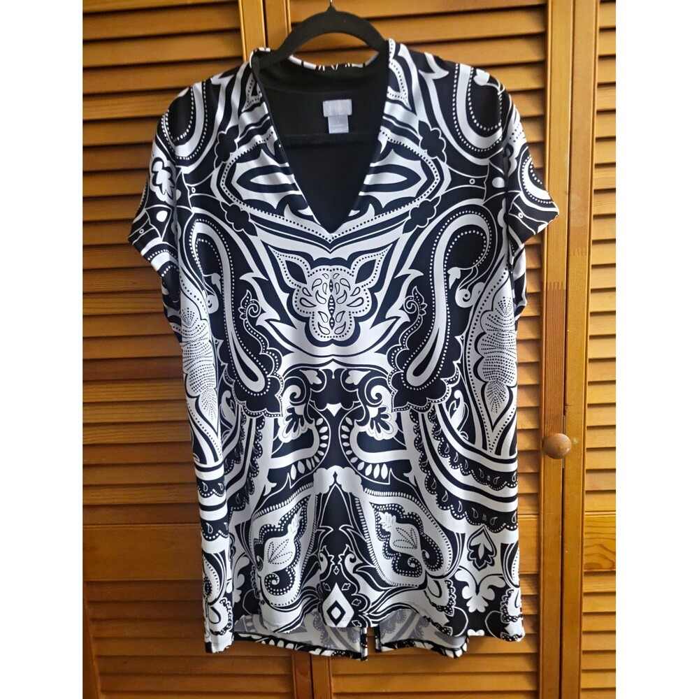 Chico's Black & White Paisley V-Neck Short Sleeve Pullover Blouse Sz 2XL